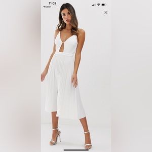 ASOS minimalist white pleated dress with gold detail